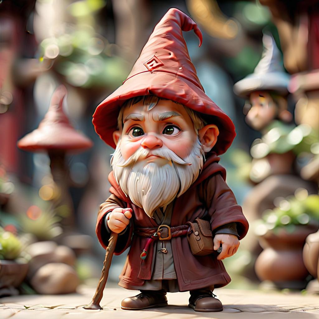  cinematic photo a small gnome wizard in a brown robe and with a high standing cap, a pensive face, hair red, a small beard, full height, young . 35mm photograph, film, bokeh, professional, 4k, highly detailed, perfecteyes, perfect hands, hkmagic, on parchment