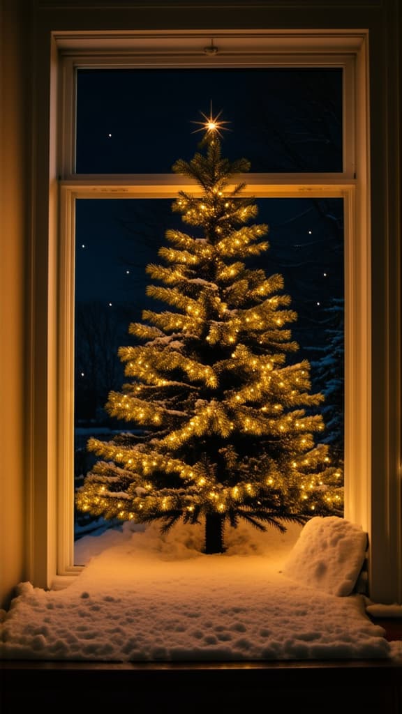  professional detailed photography, a spruce tree in the snow decorated with a garland with small lights stands outside the window in the dark ar 9:16, (muted colors, dim colors, soothing tones), (vsco:0.3)