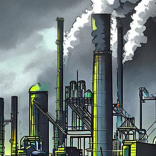  *8. Ace Chemicals Plant* Design a street view image of the downtown Gotham City (Batman) Ace Chemicals Plant's exterior, highlighting its industrial structure, smokestacks, and hazardous surroundings, greys and dark blues and green hues