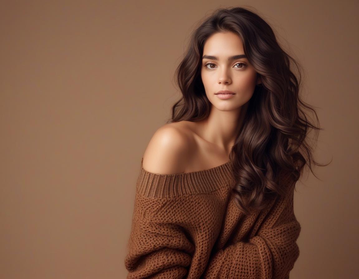  a woman with wavy dark brown hair, wearing an off shoulder oversized brown knit sweater. she gazes softly toward the camera, slightly tilting her head, with her right hand gently brushing her hair. the lighting is warm, creating a cozy atmosphere.