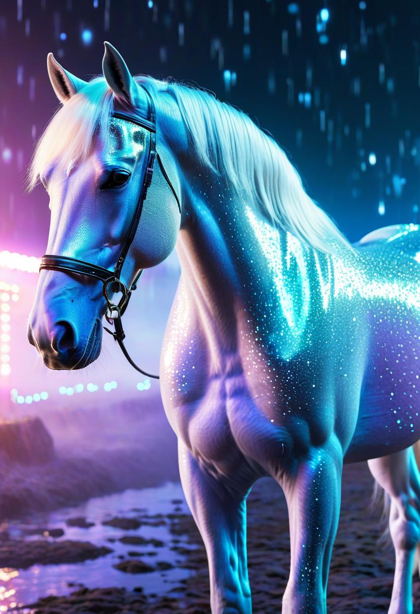  cinematic photo photorealism. sparkling holographic horse, its glowing mane shimmers like cosmic stardust, refracting bright iridescent hues with every movement. digital anime art captures this mythical creature in a dynamic pose, showcasing its sleek aquatic form against a futuristic backdrop. intricately detailed scales glisten with pixelated precision, while virtual water droplets gracefully cascade down onto its silvery skin. this stunning image radiates an otherworldly charm, mesmerizing viewers with its magical, high tech appeal. . 35mm photograph, film, bokeh, professional, 4k, highly detailed, film photography style hyperrealistic, full body, detailed clothing, highly detailed, cinematic lighting, stunningly beautiful, intricate, sharp focus, f/1. 8, 85mm, (centered image composition), (professionally color graded), ((bright soft diffused light)), volumetric fog, trending on instagram, trending on tumblr, HDR 4K, 8K