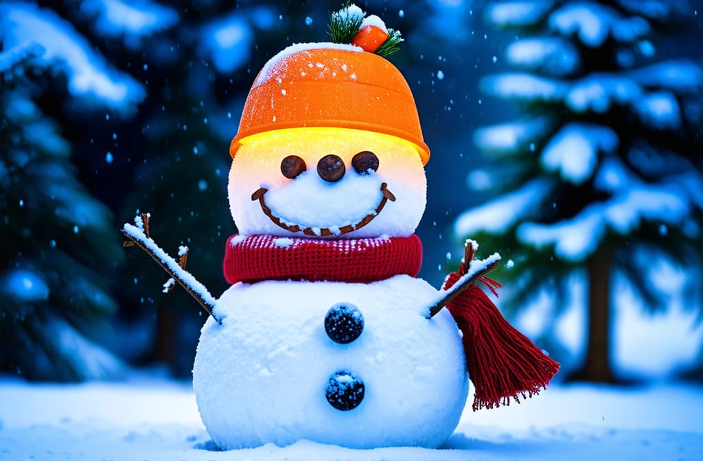  snowman three balls, with a bucket on his head. nose is a carrot, eyes are round coals. scarf on the neck. hands are sticks. it's winter outside, light snow is falling ar 3:2 {prompt}, maximum details