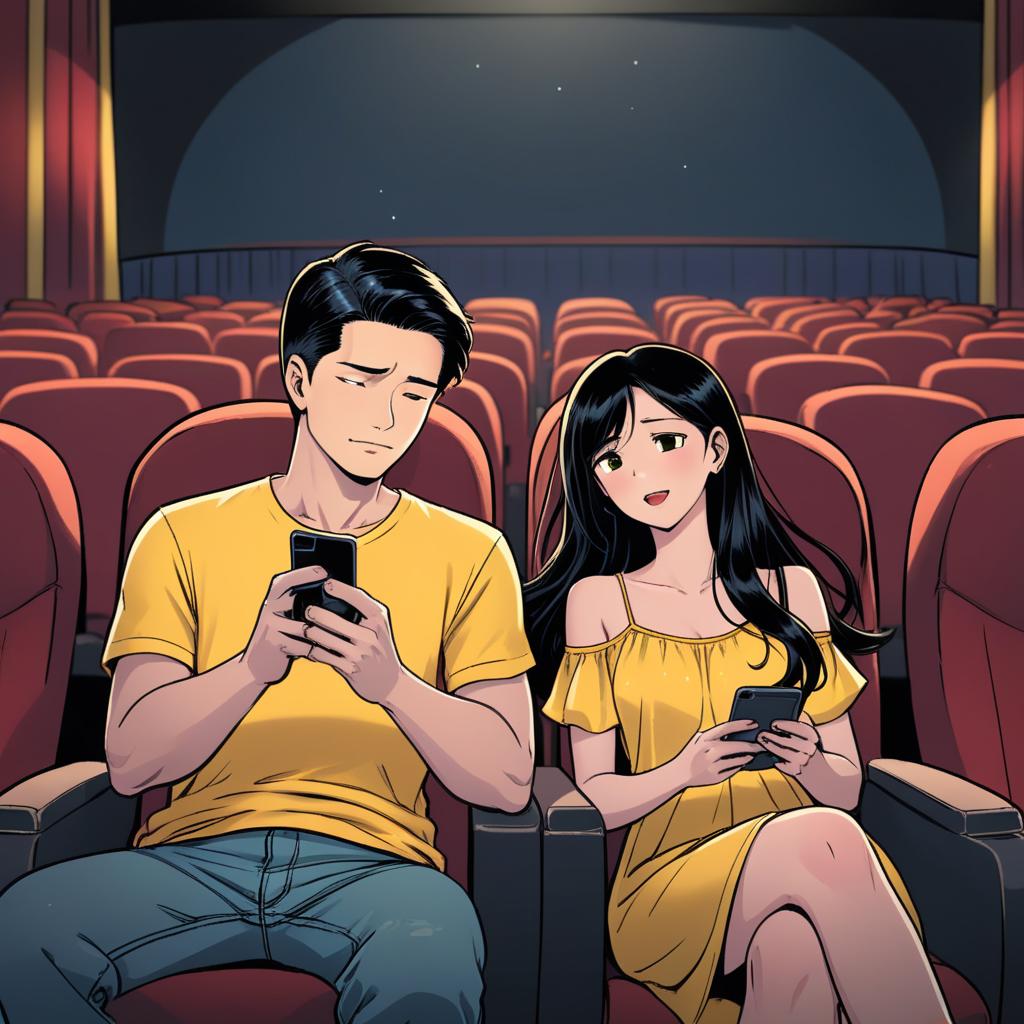  manga artwork a couple of asian lovers are in a movie theater. the man has black short hair, wearing yellow t shirt, dark jeans and looking at an iphone. the woman has black long hair, wearing 2 string dress and enjoying the movie. the style of the image is very simple comic style. the images should be very very simple illustration. the woman is enjoying the movie. manga artist. manga, highly emotional. best quality, high resolution