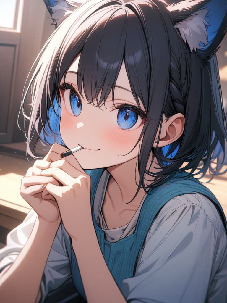  fox ears, smiles, hair tip blue, black hair, cute, virtual, short hair, braided ears, the cutest in the world, blue, blue, cigarette, illness, masterpiece, best quality,8k,ultra detailed,high resolution,an extremely delicate and beautiful,hyper detail