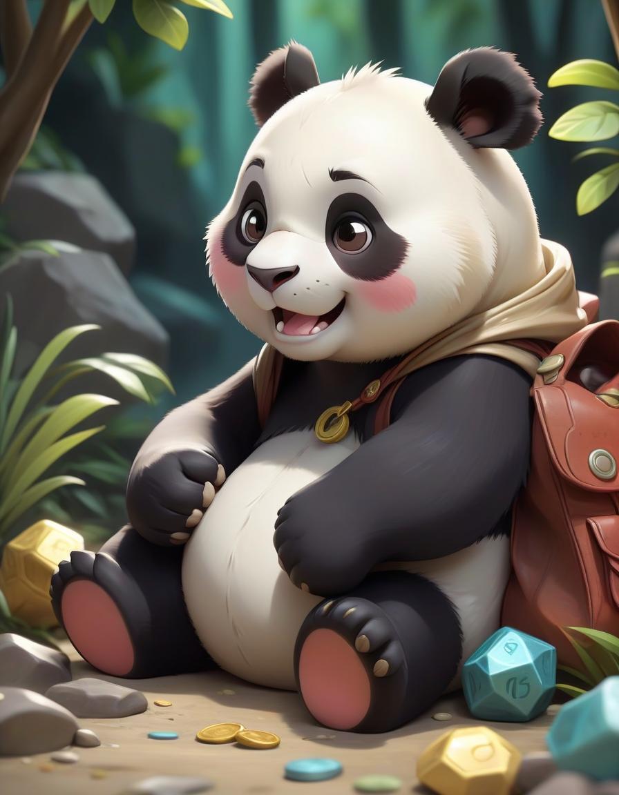  pokémon style a cartoon panda hugs one bag with a slight smile and sits down next to the treasure. . vibrant, cute, anime, fantasy, reminiscent of pokémon series