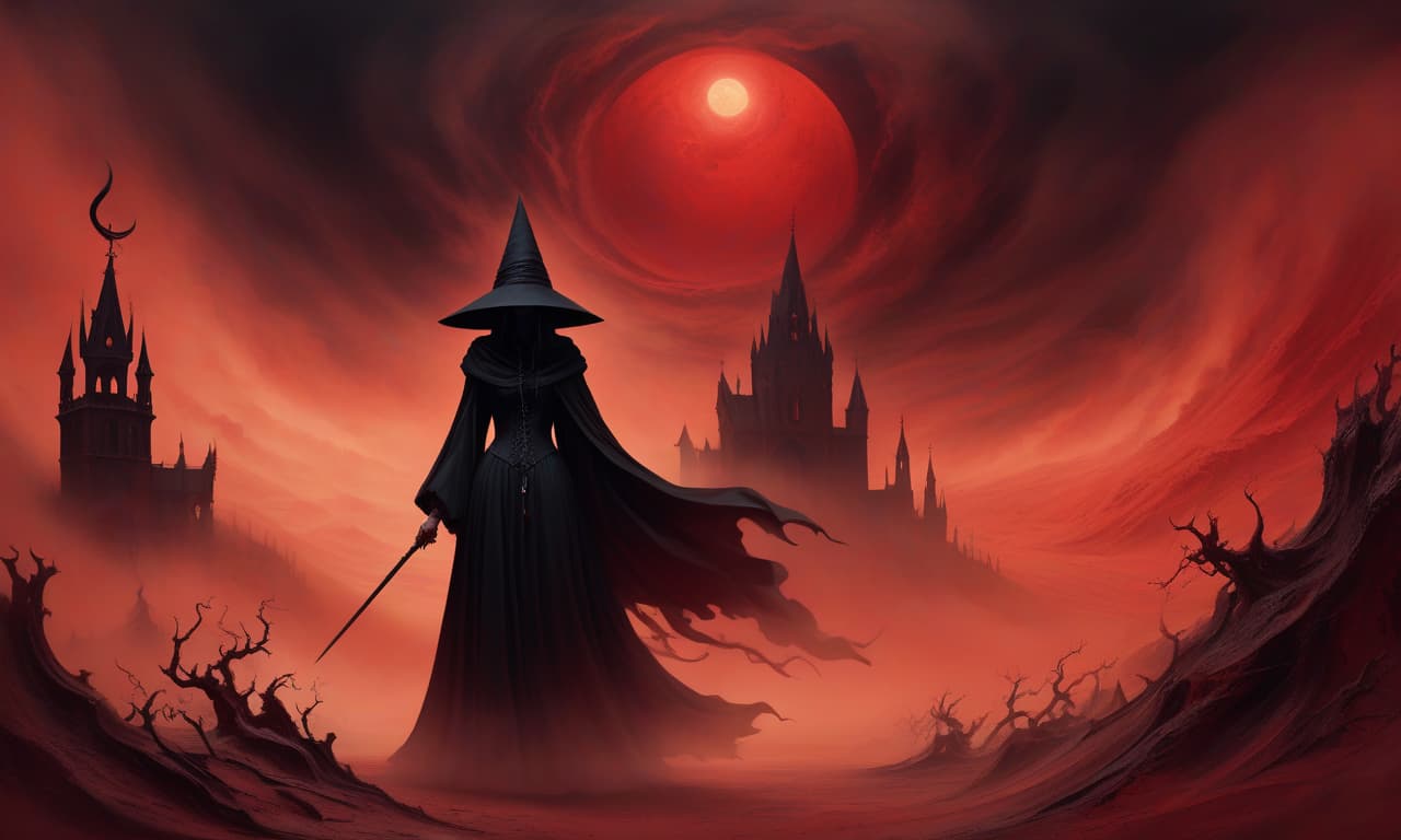  gothic style a witch in a black shroud. the witch stands in the distance. a pointed hat. a witch in a dynamic pose. red mist. red sandstorm. black sun . dark, mysterious, haunting, dramatic, ornate, detailed