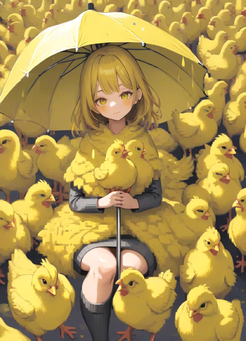  the girl covered with an umbrella of yellow chickens