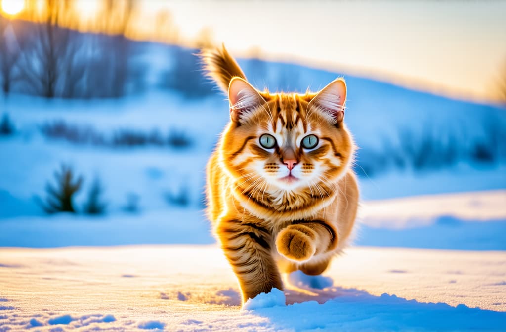  professional detailed photography, ginger cat running in the snow bright sun blue sky backlight ar 3:2, (muted colors, dim colors, soothing tones), (vsco:0.3)