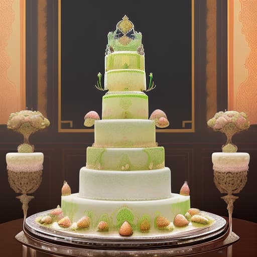  (a masterpiece digital composition, a competitive design of a cool wedding dessert:1.5). on a silver tray stands a grand cake made of vanilla ice cream in three colors: (pistachio, strawberry and chocolate:1.5). (lining of thin crispy wafers:1.3) fascinating. (small marzipan flowers look like real ones:1.2). i would like to try the most delicate varieties of high quality ice cream, turned into an intricate fantasy dessert. (an amazing and delightful sculpture made of transparent fruit ice) on top of the cake will appeal to gourmets of refined tastes. the lime scent is in the air. filigree painting with fine strokes, (indo saracenic style:1.6). a variant of the original serving. high detail, the finest elaboration of numerous details, modern