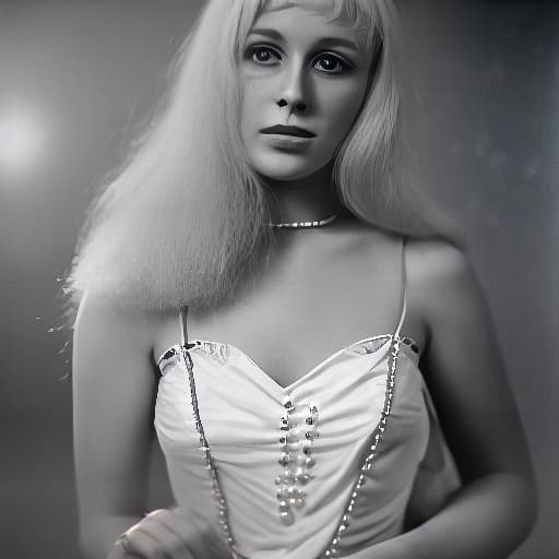  A beautiful blonde woman, very detailed, photorealistic, wearing a chiffon dress, wearing a single strand of pearls, 8K, UD, 200mm Hasselblad, Kodachrome, high heels, stockings