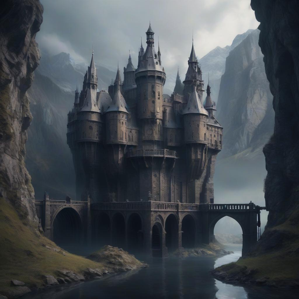  iron castle. there is a moat in front of the castle. a castle in the mountains. a gloomy castle. the lock is composed entirely of iron. baroque, rococo, cyberpunk. castle in the mountain.