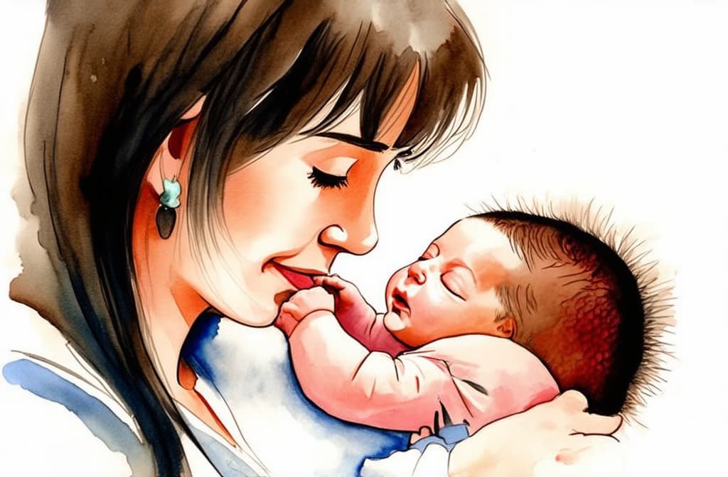  artwork mom with newborn in love and tenderness ar 3:2, watercolor techniques, featuring fluid colors, subtle gradients, transparency associated with watercolor art