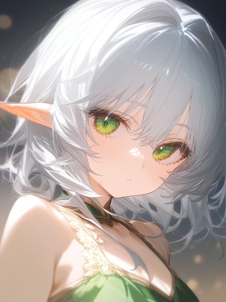  harajin, white hair, green eyes, clover's eyes in the center of the eyes, elf ears, cute, small girls, masterpiece, best quality,8k,ultra detailed,high resolution,an extremely delicate and beautiful,hyper detail