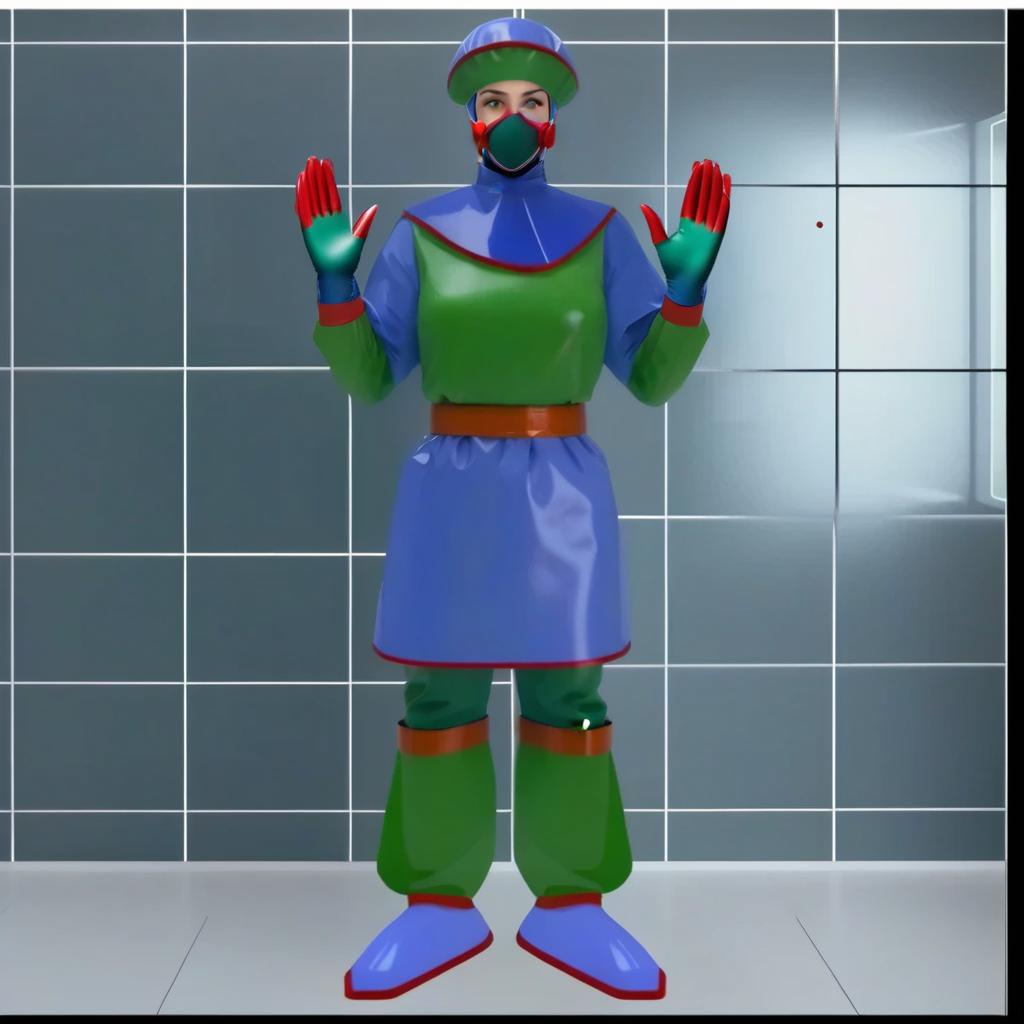  hyperditalisation, there is a lone woman surgeon, dressed in glossy latex, standing at full height, front view, full face, surgical mask with a ribbon ties made of glossy latex, covers the bridge of the nose, cheeks and chin, fixed behind the head at the back of the head with ties, the upper half of the surgical mask (from the bridge of the nose to the mouth), glossy latex dark blue, lower half, surgical mask (from chin to mouth), glossy latex dark green, in the middle and on the edges edging of the surgical mask, ties on the surgical mask, glossy latex red hyperrealistic, full body, detailed clothing, highly detailed, cinematic lighting, stunningly beautiful, intricate, sharp focus, f/1. 8, 85mm, (centered image composition), (professionally color graded), ((bright soft diffused light)), volumetric fog, trending on instagram, trending on tumblr, HDR 4K, 8K