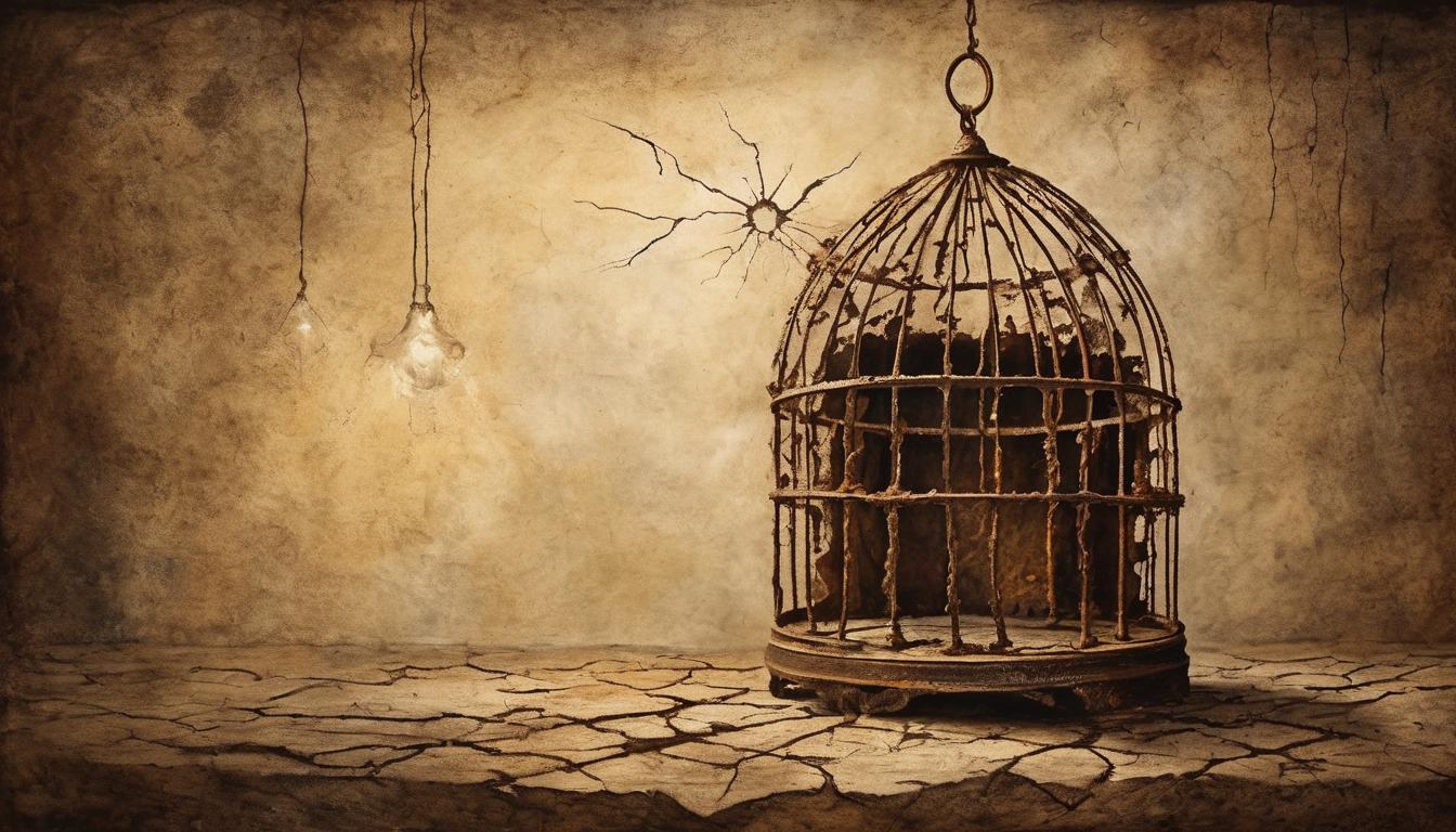  on parchment, surrealism++, a shattered, rusted cage with beams of light pouring through the breaks, broken boundaries, liberation, triumph(mysterious, provocative, symbolic)++