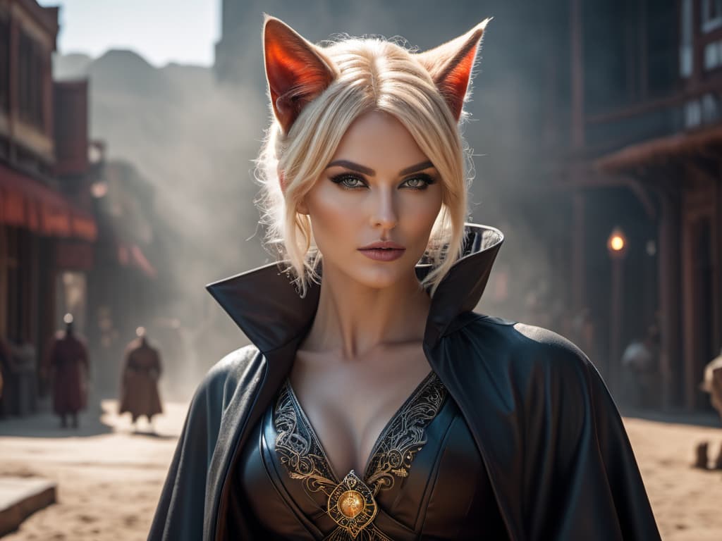   hdr photo of science fiction western, blonde hair, human man, male, wearing demon lord robes and cat ears. high dynamic range, vivid, rich details, clear shadows and highlights, realistic, intense, enhanced contrast, highly detailed, oil painting hyperrealistic, full body, detailed clothing, highly detailed, cinematic lighting, stunningly beautiful, intricate, sharp focus, f/1. 8, 85mm, (centered image composition), (professionally color graded), ((bright soft diffused light)), volumetric fog, trending on instagram, trending on tumblr, hdr 4k, 8k hyperrealistic, full body, detailed clothing, highly detailed, cinematic lighting, stunningly beautiful, intricate, sharp focus, f/1. 8, 85mm, (centered image composition), (professionally color graded), ((bright soft diffused light)), volumetric fog, trending on instagram, trending on tumblr, HDR 4K, 8K