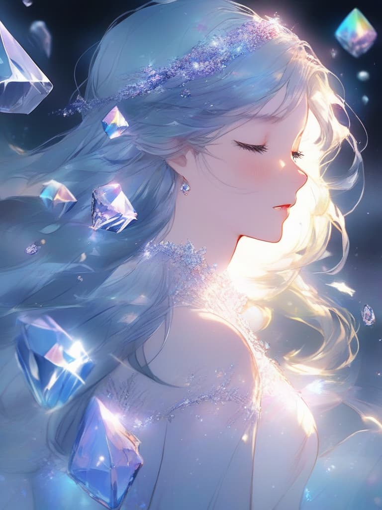  ((crystal)),((prism)),masterpiece,(girl trapped in crystal),{natural crystal: shimmering,inner light,(prismatic light),diffused light,perfect shadow},{girl: delicate and beautiful,(((eyes closed))),white beautiful skin,transparent,(((encased in crystal: 1.7)))},white dress,(((upper body))),jet black background,super resolution,ultra high quality,ultra sensitive,32k