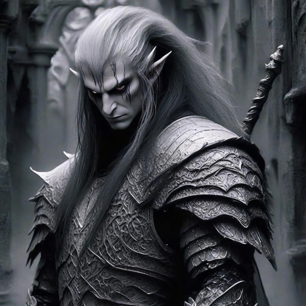  macabre style a noble white elf with black hair. in white leather openwork armor, white shoulder pads, white elbow pads, with a long sword in his hands, standing in a dark hall. . dark, gothic, grim, haunting, highly detailed, perfecteyes, perfect hands