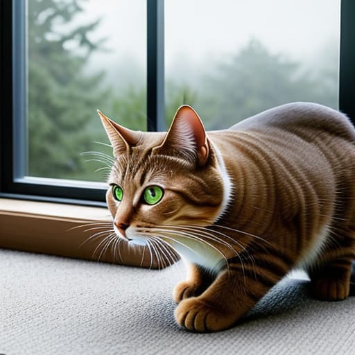  gato jugando en la ventana de día hyperrealistic, full body, detailed clothing, highly detailed, cinematic lighting, stunningly beautiful, intricate, sharp focus, f/1. 8, 85mm, (centered image composition), (professionally color graded), ((bright soft diffused light)), volumetric fog, trending on instagram, trending on tumblr, HDR 4K, 8K