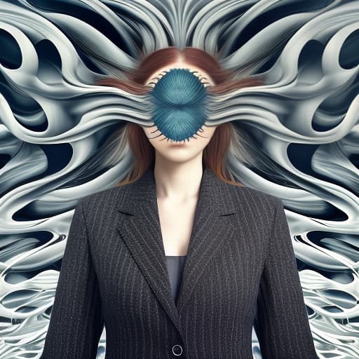  a woman full of hair with a full length caret in a business suit manager, (surrealism), dreamlike , distorted , abstract , symbolic