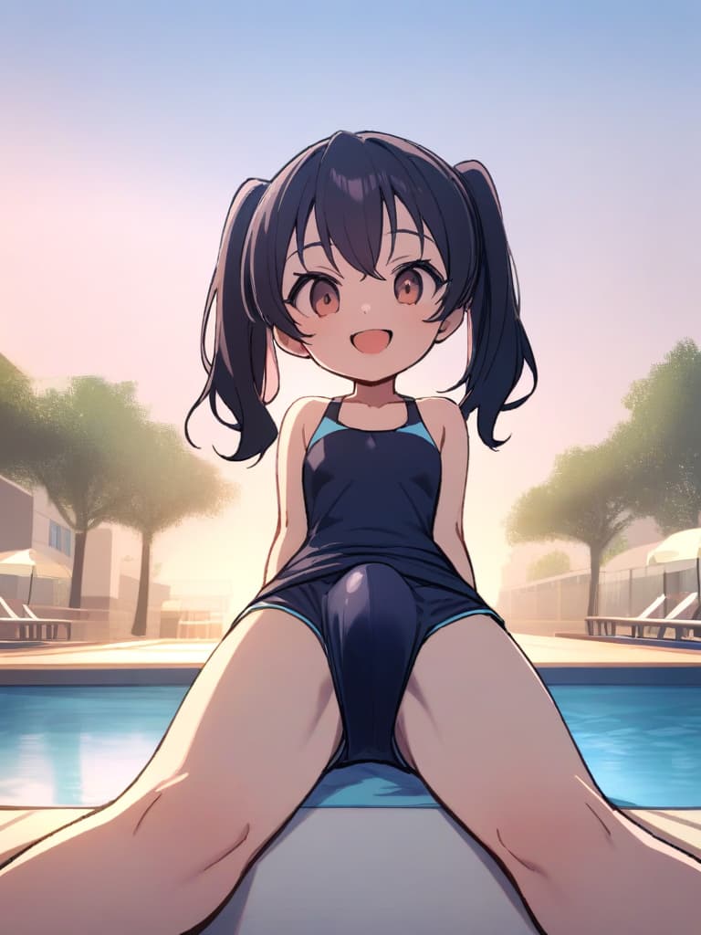  women's elementary students (male), twin tails, cute smiles, (rich s), short stature, dark blue swimwear, old swimwear, swimwear, simple, (upward), upward, (bulge), front, whole body, pool side ,,,