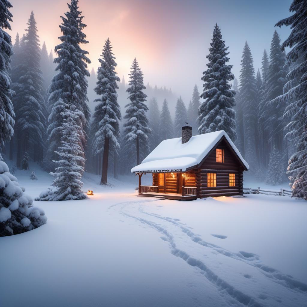  A cozy winter cabin surrounded by snow-covered trees. The cabin has warm light glowing from the windows, creating a welcoming atmosphere. Smoke is rising from the chimney, indicating a fireplace inside. There are snowflakes gently falling, and the ground is blanketed in thick snow. In the foreground, there are footprints leading to the cabin, adding a sense of warmth and life to the scene. hyperrealistic, full body, detailed clothing, highly detailed, cinematic lighting, stunningly beautiful, intricate, sharp focus, f/1. 8, 85mm, (centered image composition), (professionally color graded), ((bright soft diffused light)), volumetric fog, trending on instagram, trending on tumblr, HDR 4K, 8K