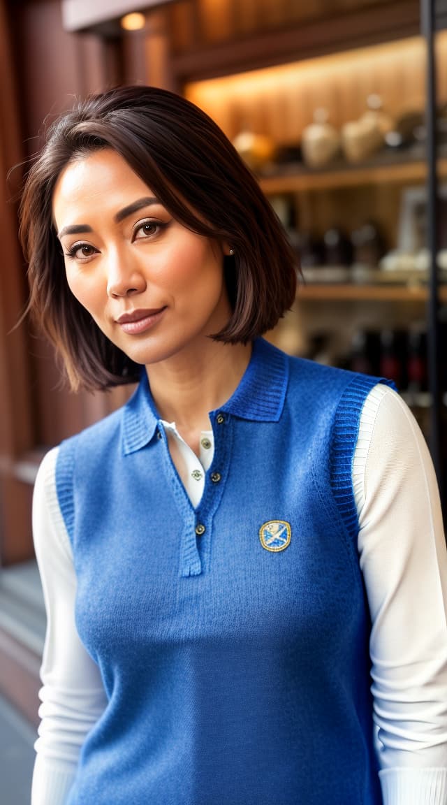  (((((wearing blue fitted polo with emblem and sweater vest))))), (((realistic head to toe selfie))), (((light tan skin tone woman))), kazuko mika yamada, ((japanese heritage)), (bob hair style), ((blonde hair color)), mature face, blue eye color, ((athletic body type)), flat size, small size, (mature straight defined nose), (mature high cheekbones), (mature smooth jawline), (mature full lips), (mature medium forehead), (mature even eyebrows), (mature rounded chin), standing with arms crossed refined look looking into the camera, edinburgh royal mile in background, 1girl, best quality, highest quality, award winning photo, masterpiece, raw hyperrealistic, full body, detailed clothing, highly detailed, cinematic lighting, stunningly beautiful, intricate, sharp focus, f/1. 8, 85mm, (centered image composition), (professionally color graded), ((bright soft diffused light)), volumetric fog, trending on instagram, trending on tumblr, HDR 4K, 8K