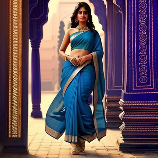  an indian girl in a luxurious blue sari on which a lot of details in full height in full height in full height on the street she stands, and on her feet beautiful shoes girl high digital painting very luxurious lehengu it really shines