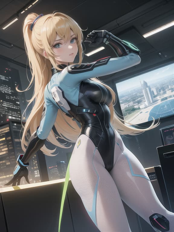  master piece, best quality, ultra detailed, highres, 4k.8k, samus aran, posing confidently, holding a futuristic weapon., determined and focused, break adventure in a futuristic world., in the heart of a hi tech city, futuristic buildings, flying vehicles, holographic displays, break futuristic and bustling with activity, holographic effects, futuristic lighting,