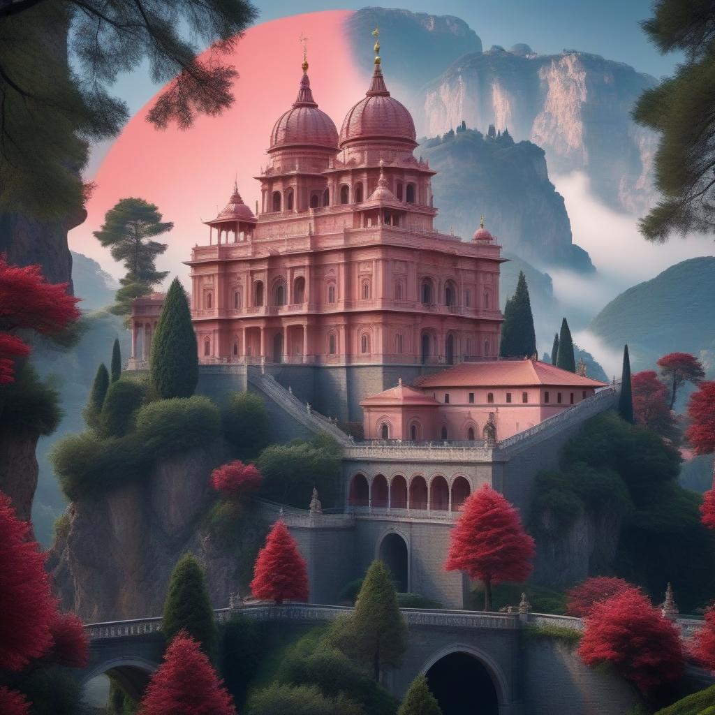  The royal palace is made of pink marble with red tiled roofs in the Italian style hyperrealistic, full body, detailed clothing, highly detailed, cinematic lighting, stunningly beautiful, intricate, sharp focus, f/1. 8, 85mm, (centered image composition), (professionally color graded), ((bright soft diffused light)), volumetric fog, trending on instagram, trending on tumblr, HDR 4K, 8K