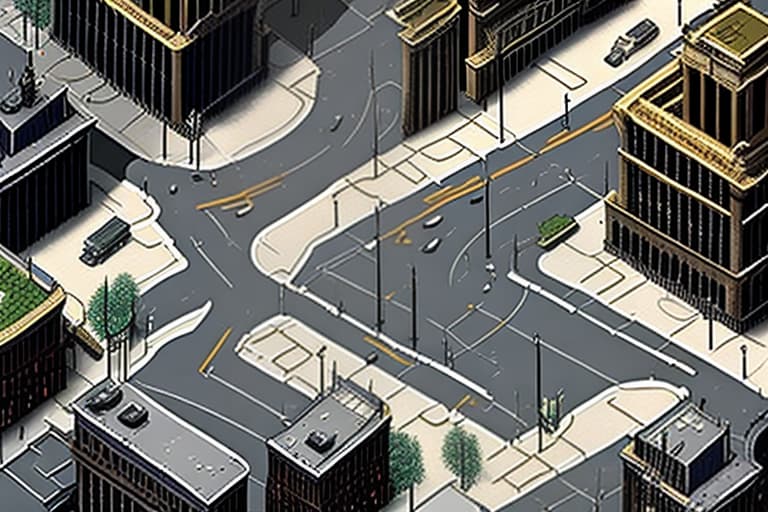 estilovintedois Create a blank road map of Gotham City with: - Roads, highways, and alleys - Empty spaces for buildings and landmarks - Basic road features like streetlights and crosswalks Leave the building spaces blank for customization.