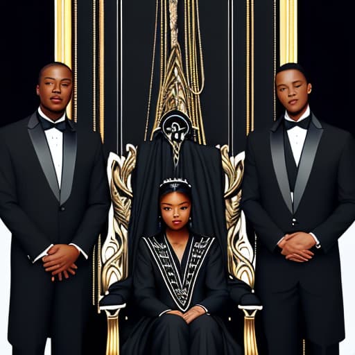  a black business man holding hands and both the throne with his in a suit with an , an son and a college girl all standing behind the throne, looking ambitious. They are all dark skinned, no smiles only three ren in a black background.