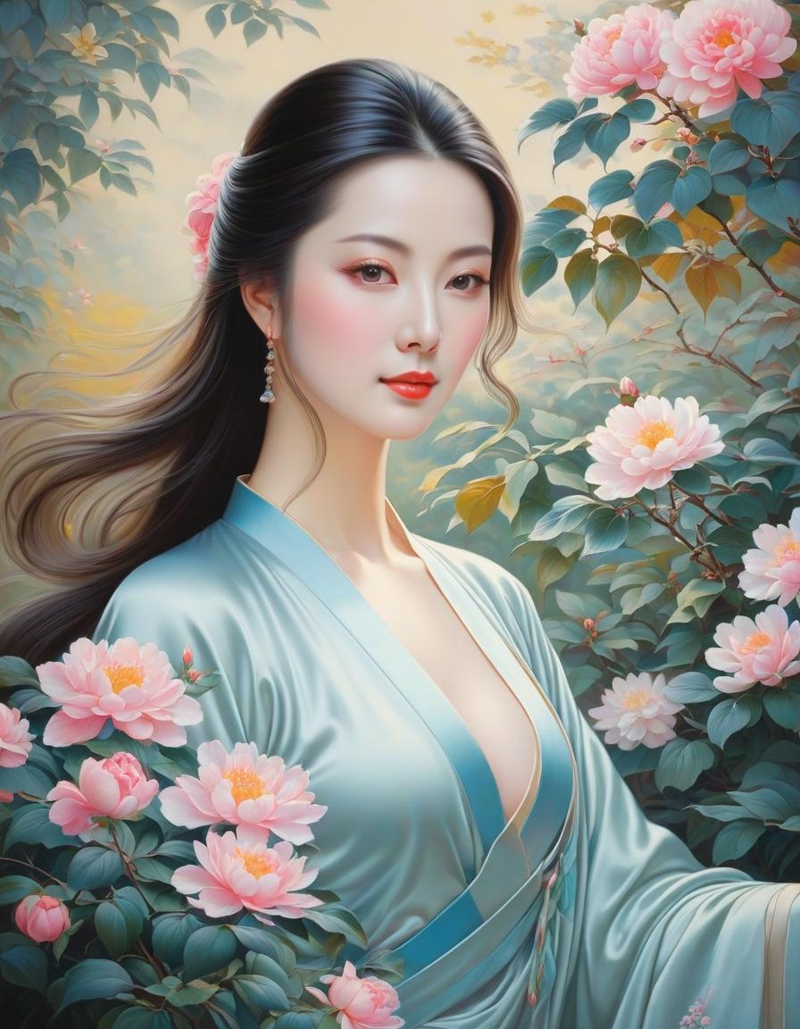  a painting of a beautiful graceful chinese woman with long hair, by qiu ying, no gradients, wearing silk, flowers, in a garden, beautiful oil painting