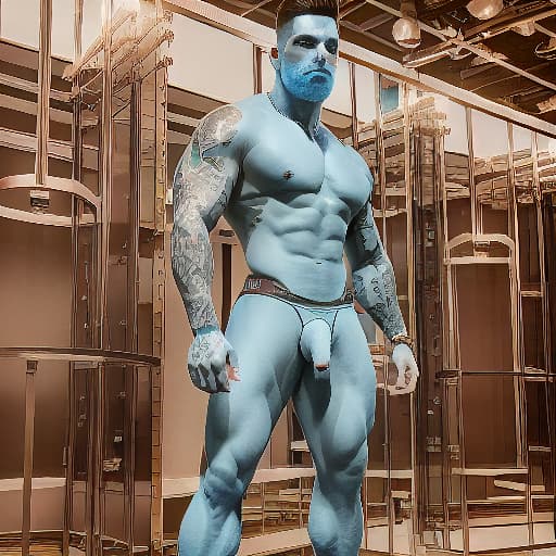  A man with blue skin with a big cock hyperrealistic, full body, detailed clothing, highly detailed, cinematic lighting, stunningly beautiful, intricate, sharp focus, f/1. 8, 85mm, (centered image composition), (professionally color graded), ((bright soft diffused light)), volumetric fog, trending on instagram, trending on tumblr, HDR 4K, 8K