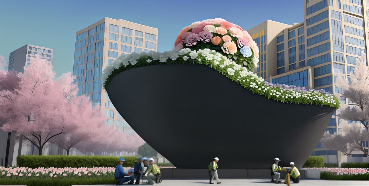  masterpiece, best quality, beautification picture, cannot add or subtract buildings, cannot change layout, draw plant renderings. plant is flat topped structure. add flowers and workers.