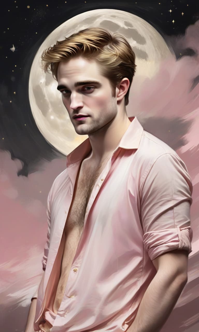  concept art pink, gold, black, white moonlight robert pattinson to the waist in a gold shirt behind . digital artwork, illustrative, painterly, matte painting, highly detailed, perfect hands