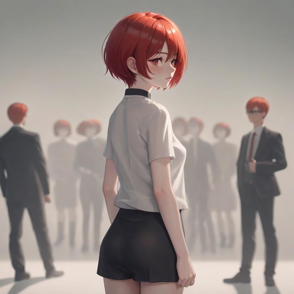  an with short red hair in gles stands, stands with her back, looks at me, holds my hand