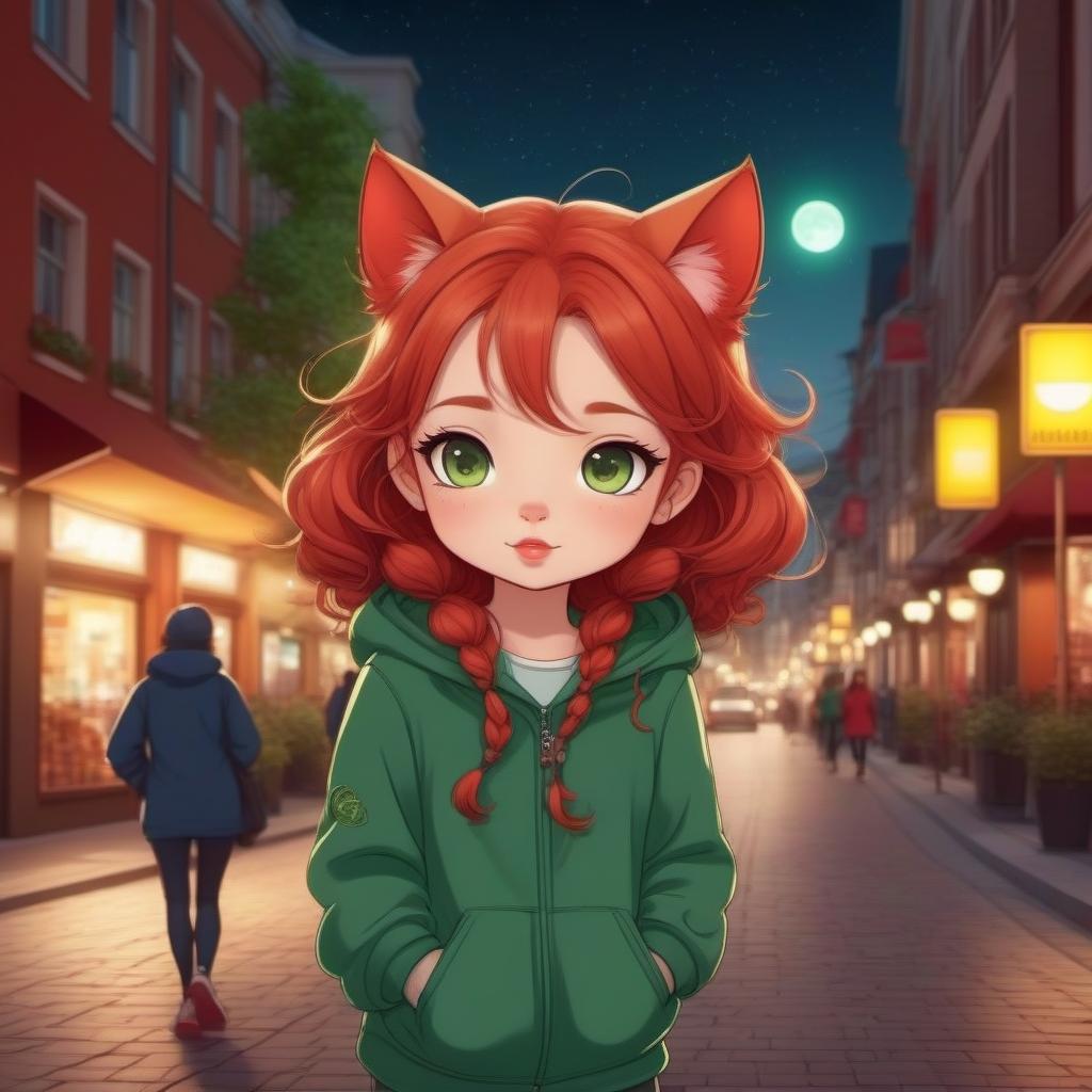  Cute cartoon girl plump lips folded into a kiss huge green eyes red curls escaping from pigtails freckles on a snub-nosed face oversize clothes walking through the autumn night city with a red cat, bright dynamic picture in the style of a comic, cartoon, drawing details realistically, digital animation