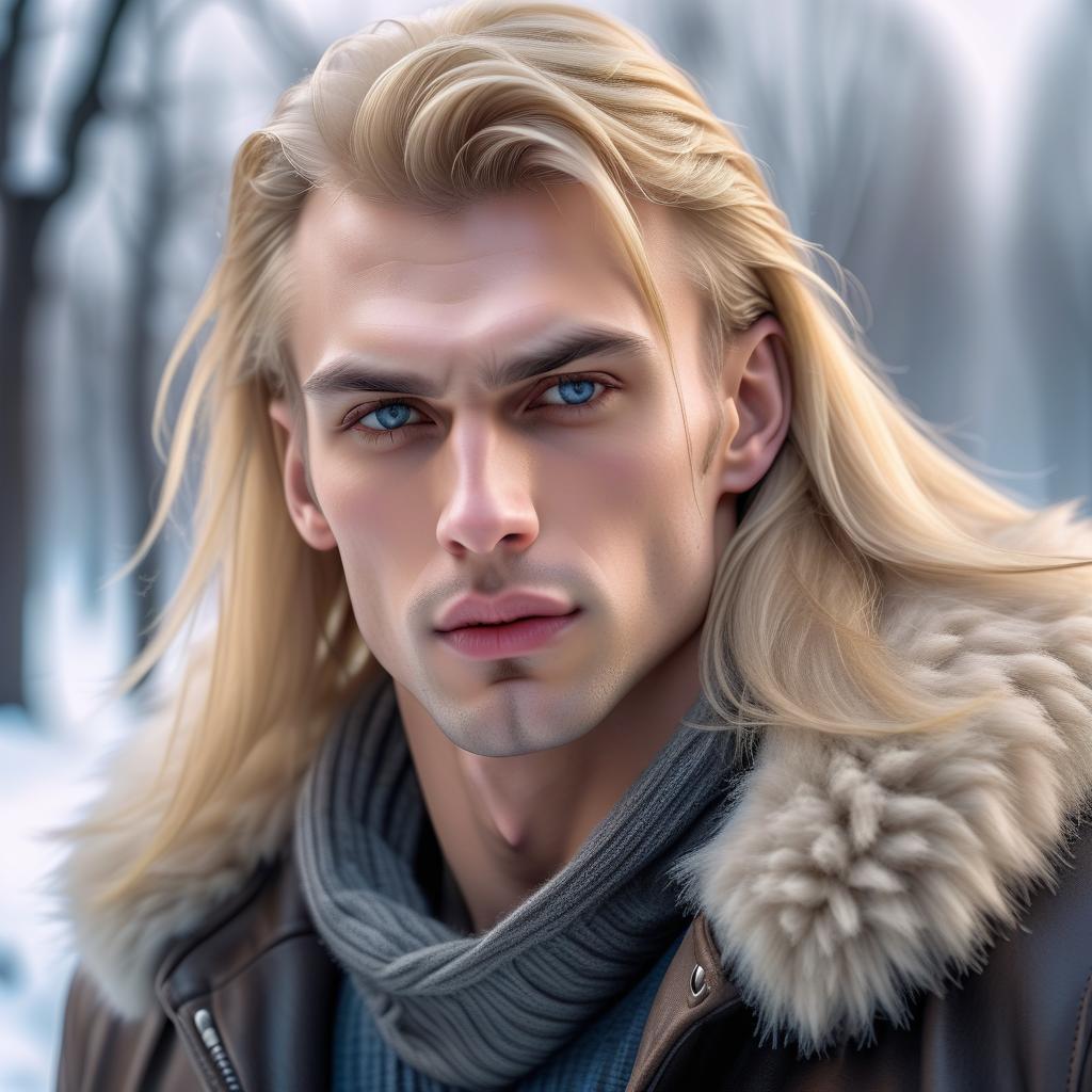  tall, brutal young man blond with long moist hair, predatory, harsh, seductive and alluring look, strong willed chin, sunken cheeks and high cheekbones, smooth face, in winter clothes, in winter atmosphere, hyperrealism, good quality, clear lines, 8k, hdr, hdrs+,