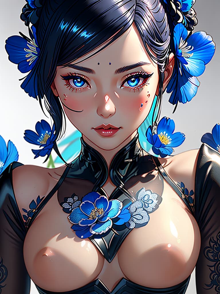  Close-up porcelain female figurine, looking to the camera, glossy surface, glaze, shiny, blue floral tattoos on her, dark gradient background, baroque dark style, hyperrealistic, CG society, intricate details