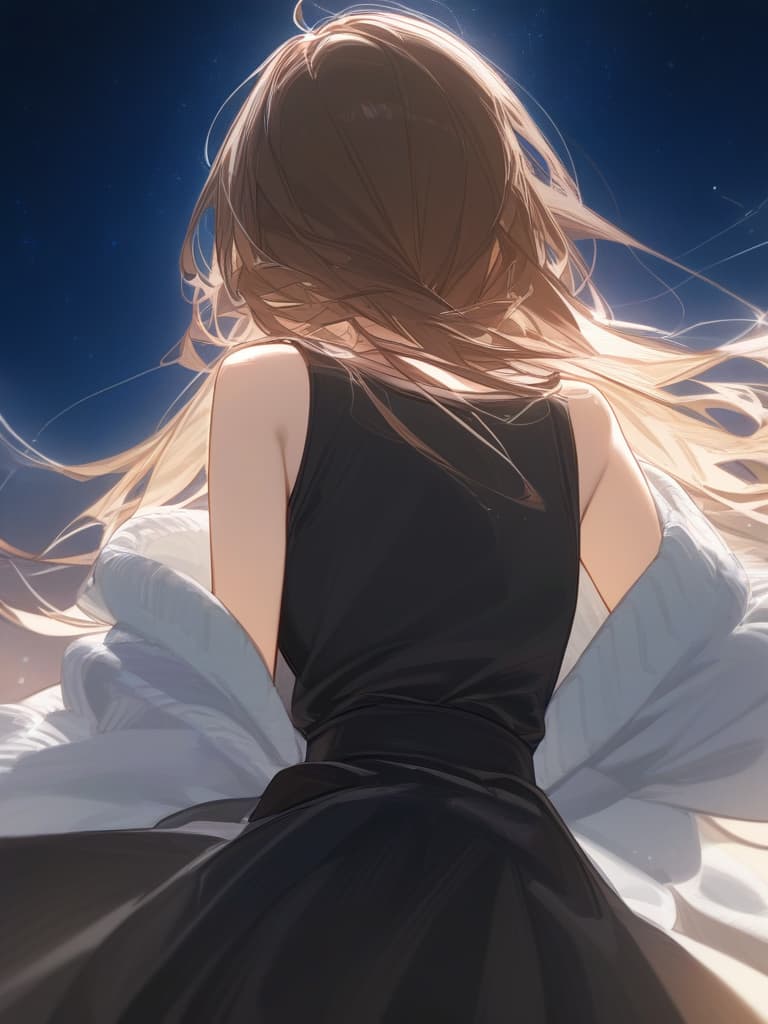  a girl who is laughing at me, bright brown hair, long hair, transparent fleeting, facing here, laughing, under the starry sky, facing here, i am looking at me, wearing a dough cardigan from the top of a black sleeveless, up from the waist, masterpiece, best quality,8k,ultra detailed,high resolution,an extremely delicate and beautiful,hyper detail