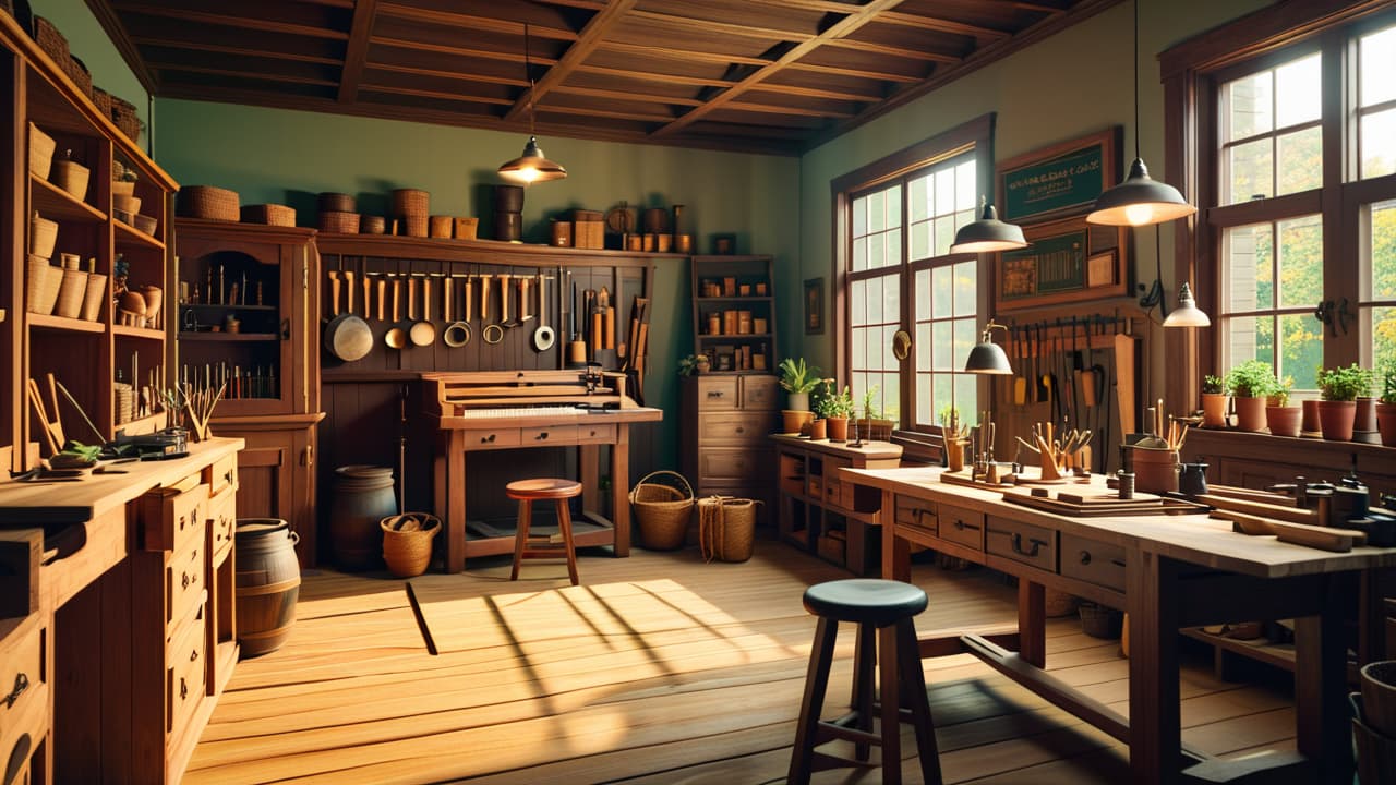  an intricate wooden workshop scene, featuring tools and lumber arranged in a harmonious layout, emphasizing the golden ratio. soft, warm light illuminates the rich textures of wood, showcasing elegant designs and craftsmanship. hyperrealistic, full body, detailed clothing, highly detailed, cinematic lighting, stunningly beautiful, intricate, sharp focus, f/1. 8, 85mm, (centered image composition), (professionally color graded), ((bright soft diffused light)), volumetric fog, trending on instagram, trending on tumblr, HDR 4K, 8K