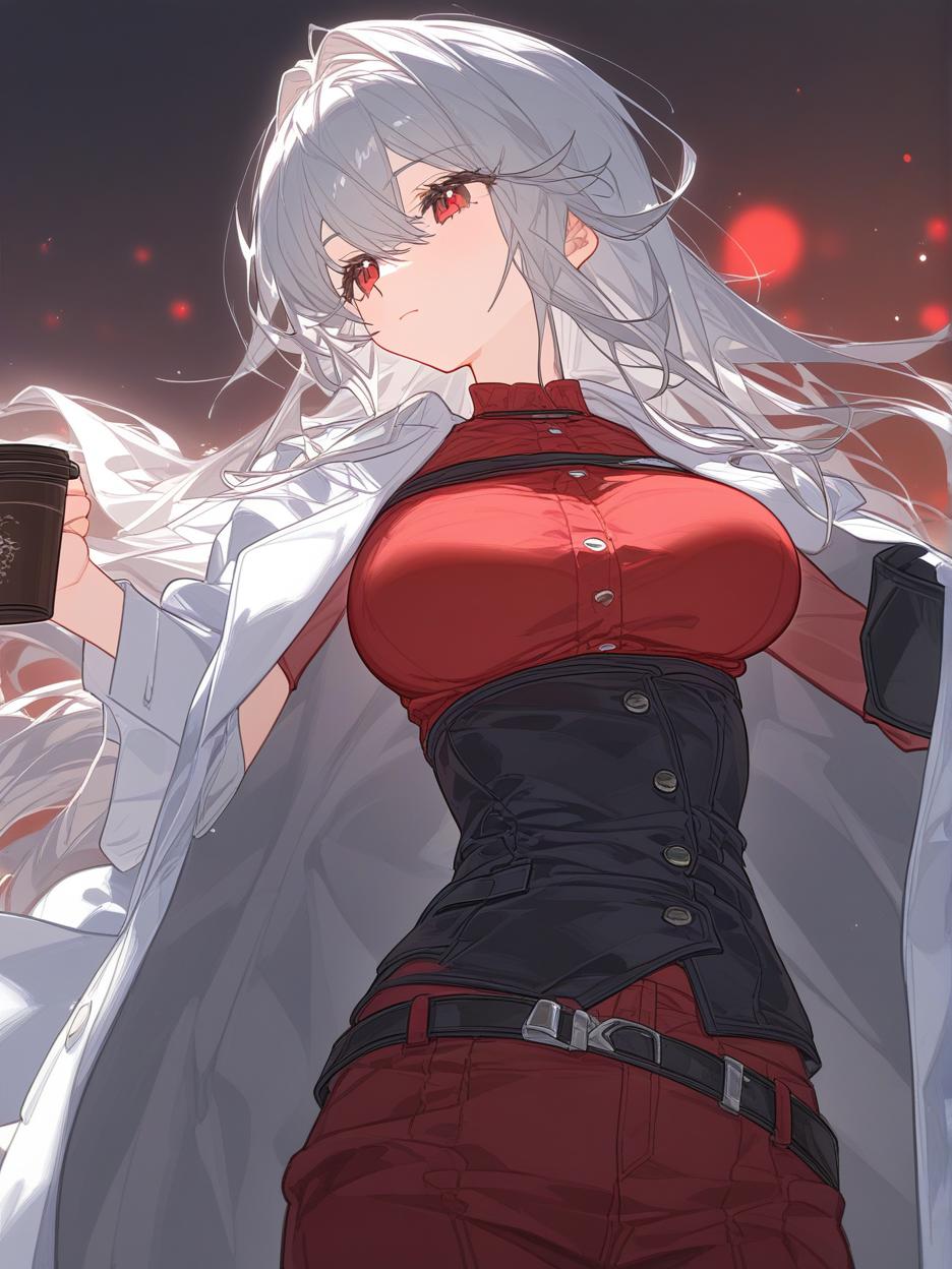  a strong woman, silver long hair. she has deep, beautiful red eyes that are very prominent, white eyelashes that are very prominent in the eyes. she wears dark dress pants. a red shirt with buttons on the front seam, two thin belts under the bust. a light gray lab coat on the shoulders. a very strong and slender body, his strong abdomen shows in the red shirt. the background is a futuristic area where people practice combat in the background. she has a cup of coffee in her hands. well highlighted eyes with white eyelashes details, 8k. . best quality, high resolution