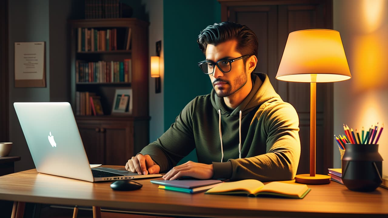  a cozy study scene featuring a sleek laptop on a wooden desk, surrounded by colorful notebooks, a steaming cup of coffee, and a soft, warm lamp illuminating a focused student engaging in online tutoring. hyperrealistic, full body, detailed clothing, highly detailed, cinematic lighting, stunningly beautiful, intricate, sharp focus, f/1. 8, 85mm, (centered image composition), (professionally color graded), ((bright soft diffused light)), volumetric fog, trending on instagram, trending on tumblr, HDR 4K, 8K