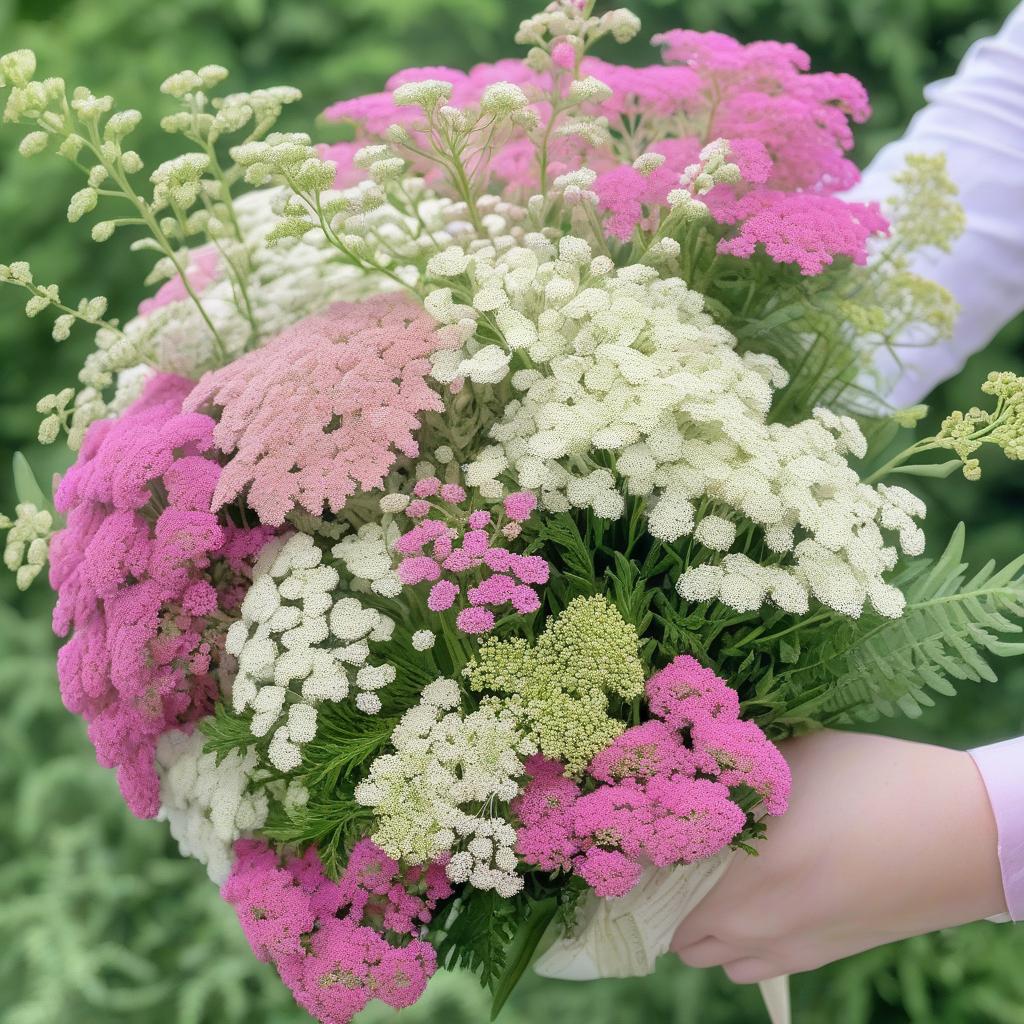  flower bouquet with pink yarrow, white queen anne’s lace, green arborvitae, and amaranth