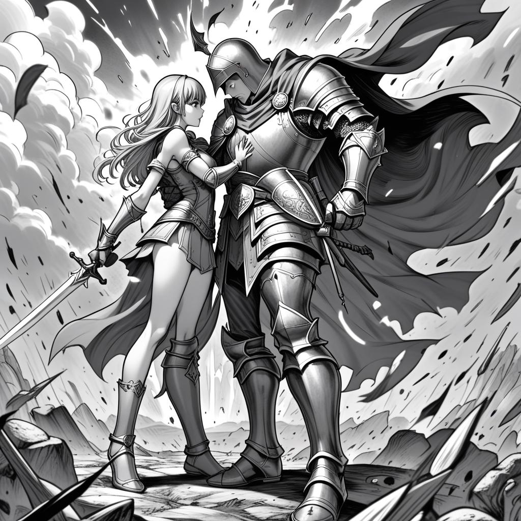  manga artwork fantasy, greyscale monochrome, manga materials, battle between knight and sorcerer, fullsize body view, legs. manga artist. manga, highly emotional. best quality, high resolution