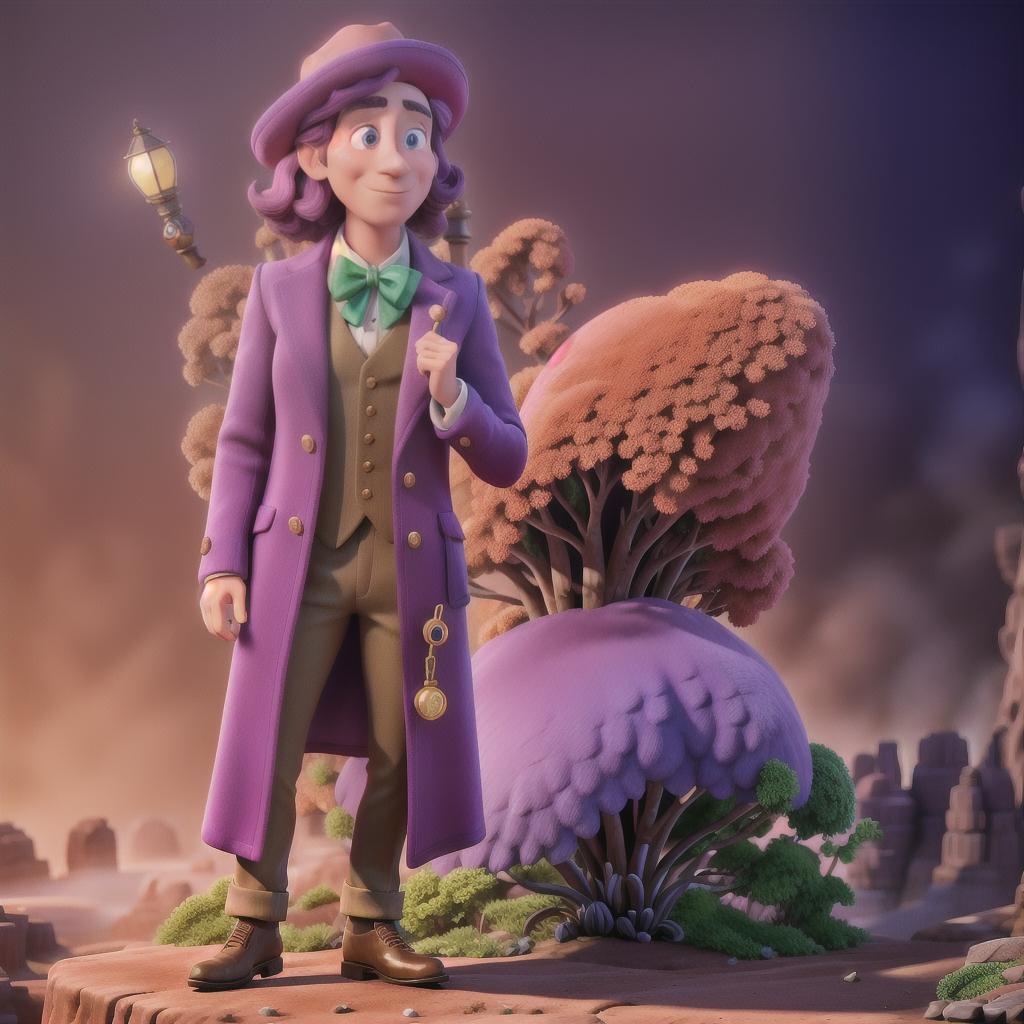  Willy Wonka, colorful, 8K brightness hyperrealistic, full body, detailed clothing, highly detailed, cinematic lighting, stunningly beautiful, intricate, sharp focus, f/1. 8, 85mm, (centered image composition), (professionally color graded), ((bright soft diffused light)), volumetric fog, trending on instagram, trending on tumblr, HDR 4K, 8K