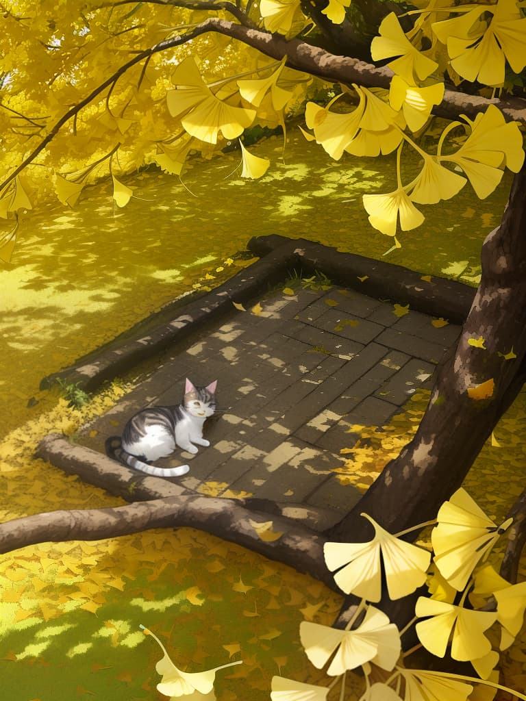  1cat ,japanese cat,cat sleeping on fallen leaves,falling ginkgo leaves,ginkgo forest,midday sunshine,