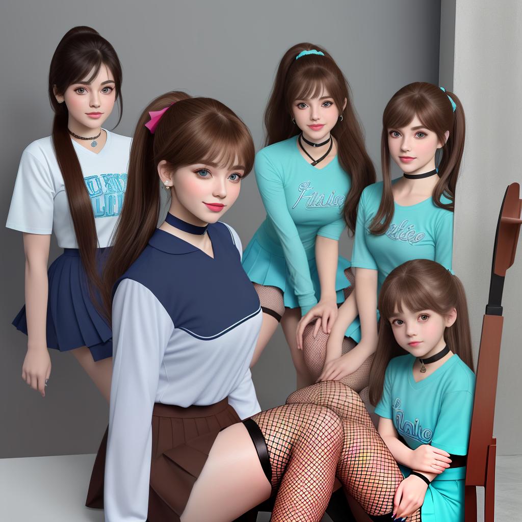  masterpiece, best quality, masterpiece,full body,prefect face,mini ,twins,cheerleader,aqua eyes,parted lips, face, smile,brown hair,(bangs:0.9),high ponytail,hair scrunchie,choker,nail polish,(t shirt:0.9), uniform,knee boots,fishnet stockings,leaning forward,hand to mouth,looking at mirror