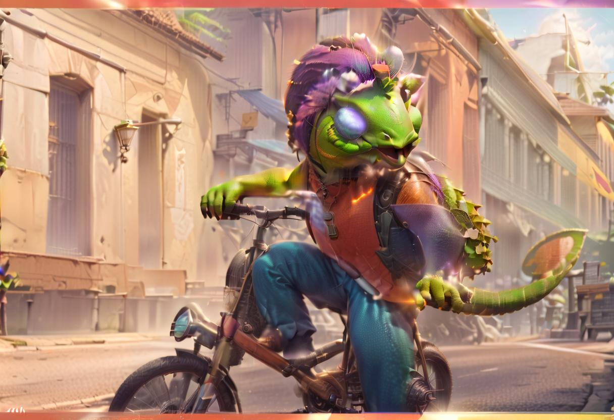  breathtaking chameleon character on bike, sunny atmosphere, casual render . award winning, professional, highly detailed, civitai